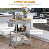 HOMCOM Kitchen Trolley Utility Cart with Solid Rubberwood Worktop, Drawer & Towel Rack