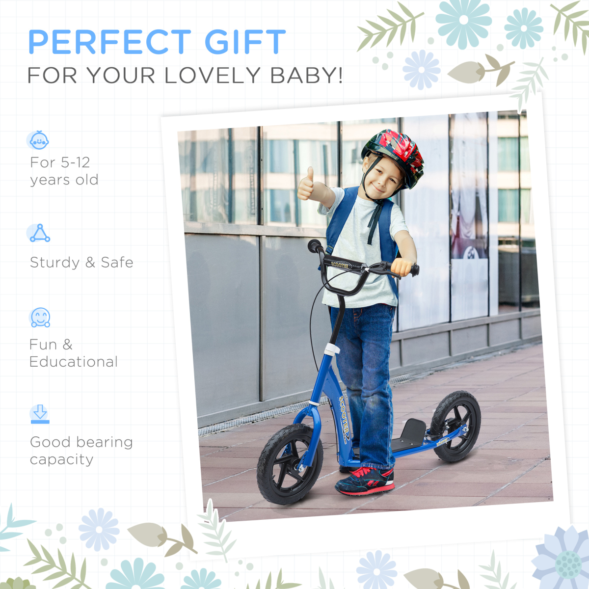 Kids Scooter with Adjustable Handlebars, Rear Brake and Non-Slip Footplate – Steel Frame Ride-On, Blue