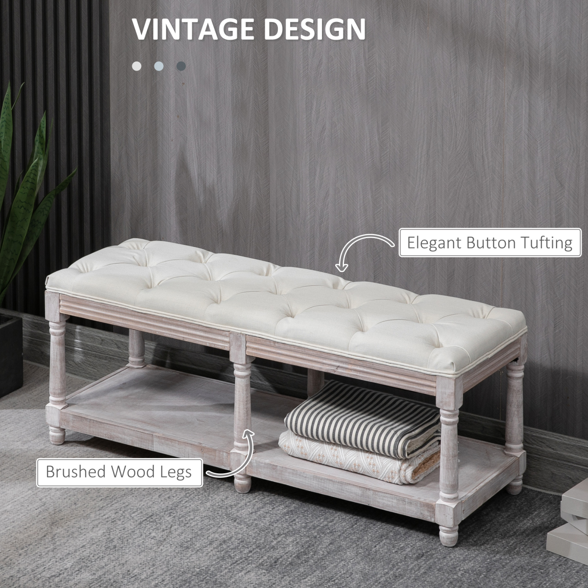 HOMCOM 2-Tier Button-Tufted Bed End Bench with Storage – Cream White Vintage Style