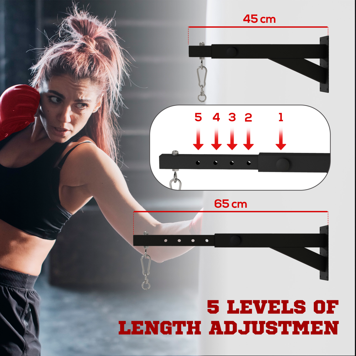 SPORTNOW Adjustable Punch Bag Wall Bracket, 5 Lengths, Steel with 360° Swivel Hook – Boxing Training, Black