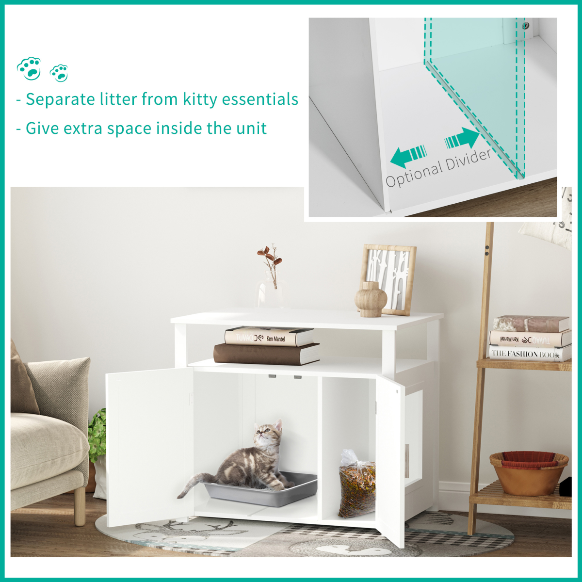 PawHut Cat Litter Box Enclosure Side Table with Magnetic Door and Two Shelves – Cat Furniture, White