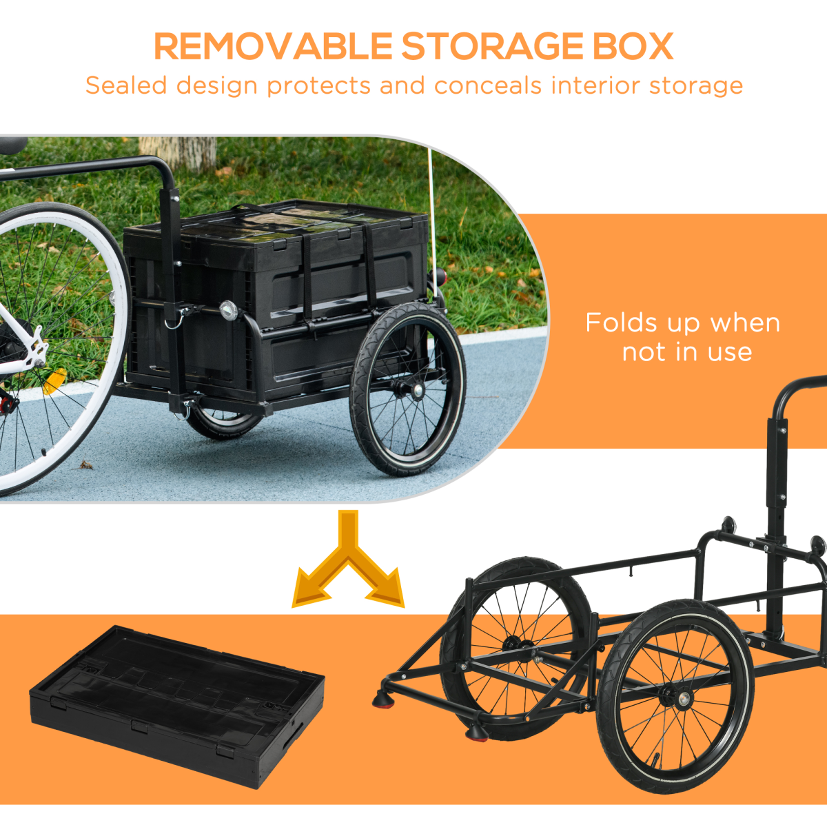 HOMCOM Bicycle Trailer with 65L Foldable Storage Box, Pneumatic Tyres and Quick-Release Wheels – Black