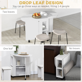 HOMCOM Folding Drop Leaf Dining Table with 2-Tier Shelves and Wheels – Space-Saving Kitchen Table, White