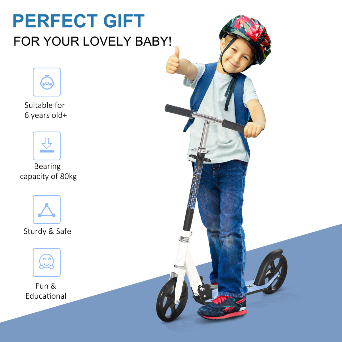 HOMCOM Foldable Kids Kick Scooter with Adjustable Height Handlebar and Aluminium Frame – Ages 5+, White