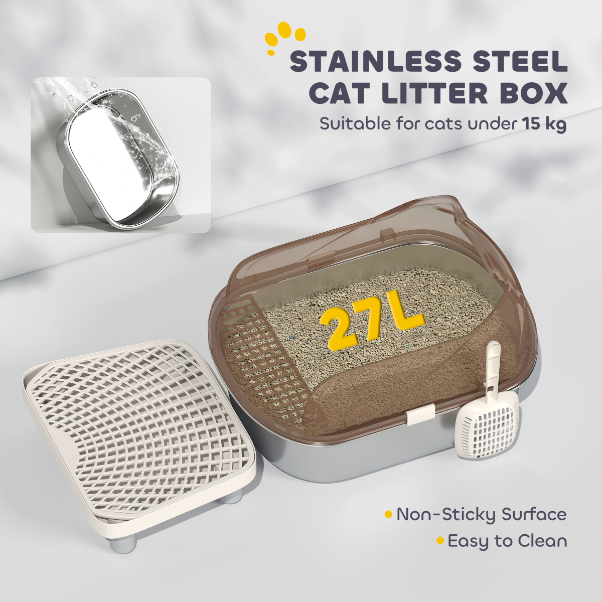 PawHut Stainless Steel Cat Litter Box with Lid, Sand Drop Step & Scoop – High Sided, Charcoal Grey