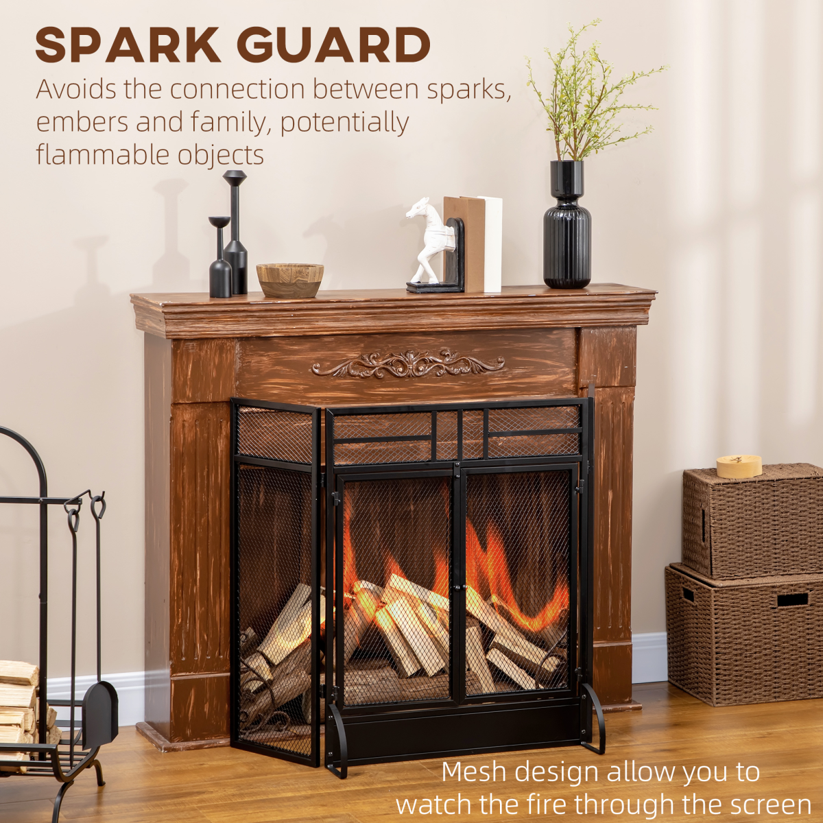 HOMCOM 3-Panel Folding Fireplace Screen with Spark Guard and Metal Mesh Fireguard – Double Access Door, Black