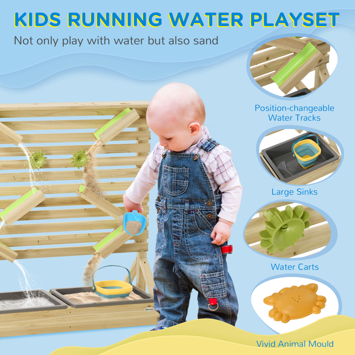 Outsunny Kids Sand and Water Playset with Two Sinks, Water Carts & 18 Accessories – Fir Wood Play Station