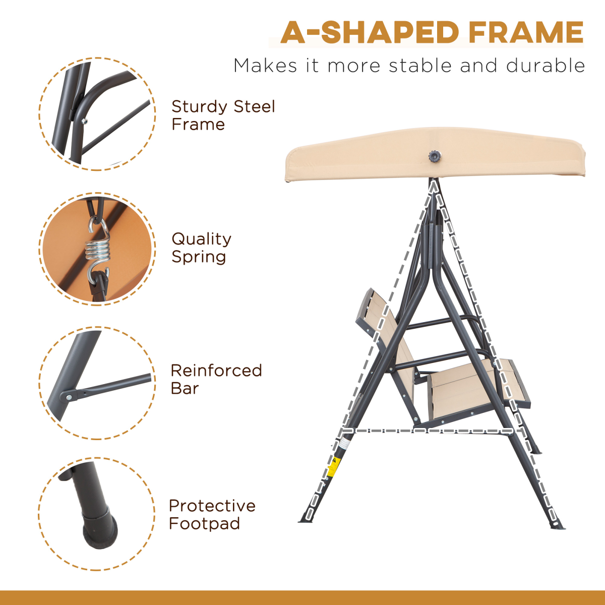 Outsunny 3-Seater Swing Chair Replacement Canopy and Steel Frame – Weather Resistant, Beige