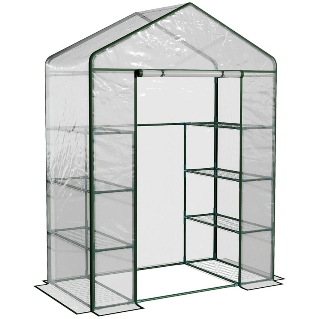 Walk-in Greenhouse with 4 Shelves, Roll-Up Zipped Door & Transparent PVC Cover – Garden Grow House, 143 x 73 x 195cm
