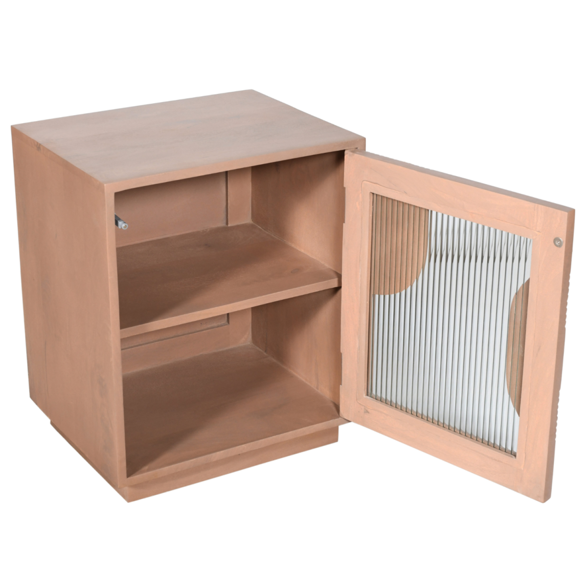Indian Hub Indus Solid Mango Wood Bedside Table with Fluted Glass Panels – Pale Taupe