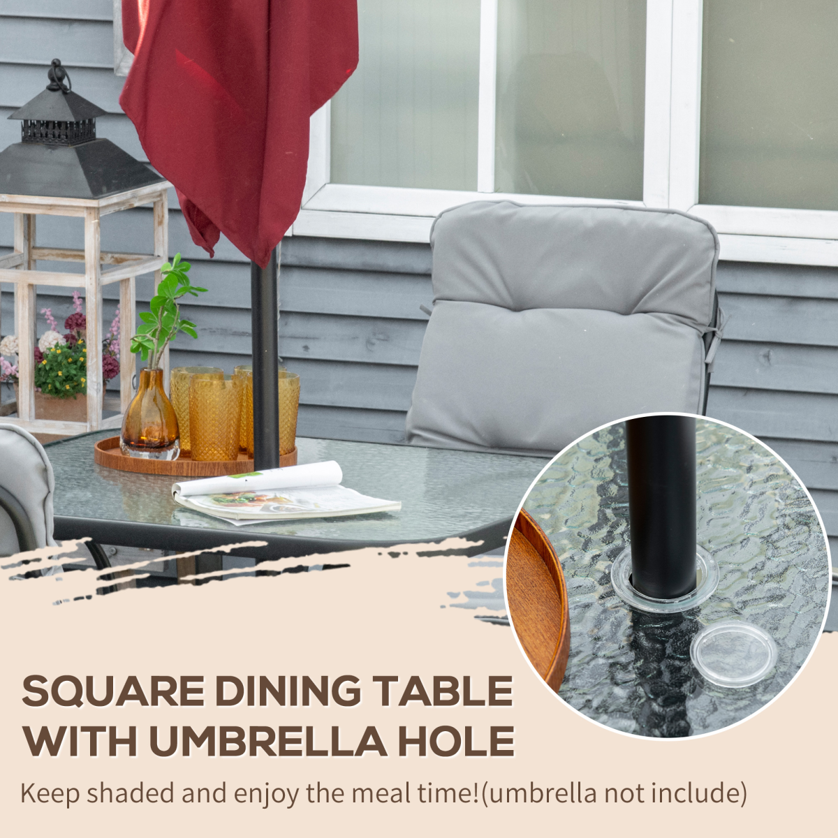 Outsunny 5-Piece Garden Dining Set with Glass-Top Table, Umbrella Hole & 4 Cushioned Chairs – Patio Furniture