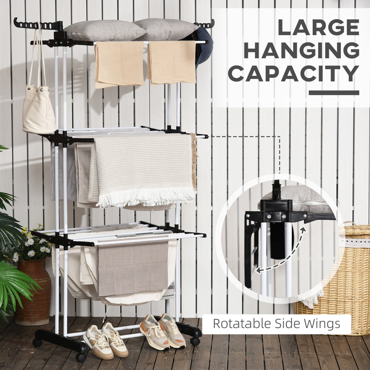 HOMCOM Foldable 3-Tier Clothes Drying Rack with Wheels and Brakes – Steel Garment Airer, Black