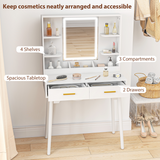 HOMCOM Dressing Table Set with LED Lighted Mirror, 2 Drawers, 4 Shelves & Cushioned Stool – White and Gold