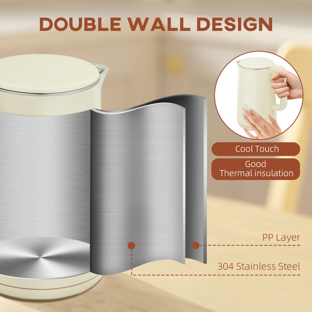 Stainless Steel Kettle and Toaster Set with 3000W Kettle & Browning Control – Matching Kitchen Duo, Beige