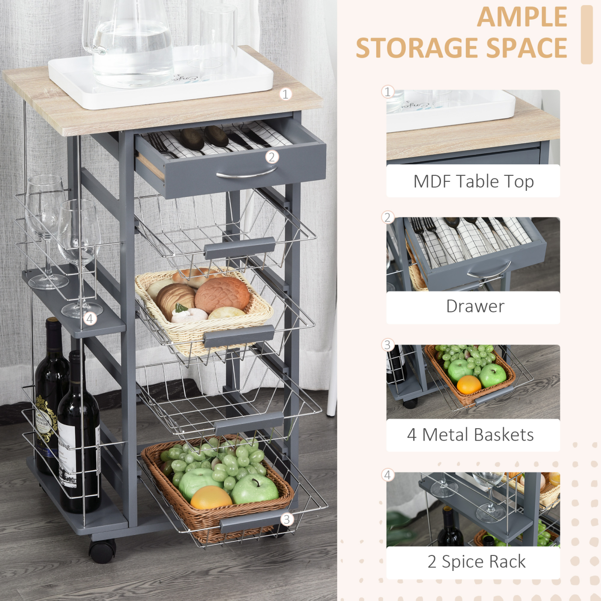 HOMCOM Kitchen Island Trolley with 4 Removable Baskets, Drawer & Side Racks – Dark Grey