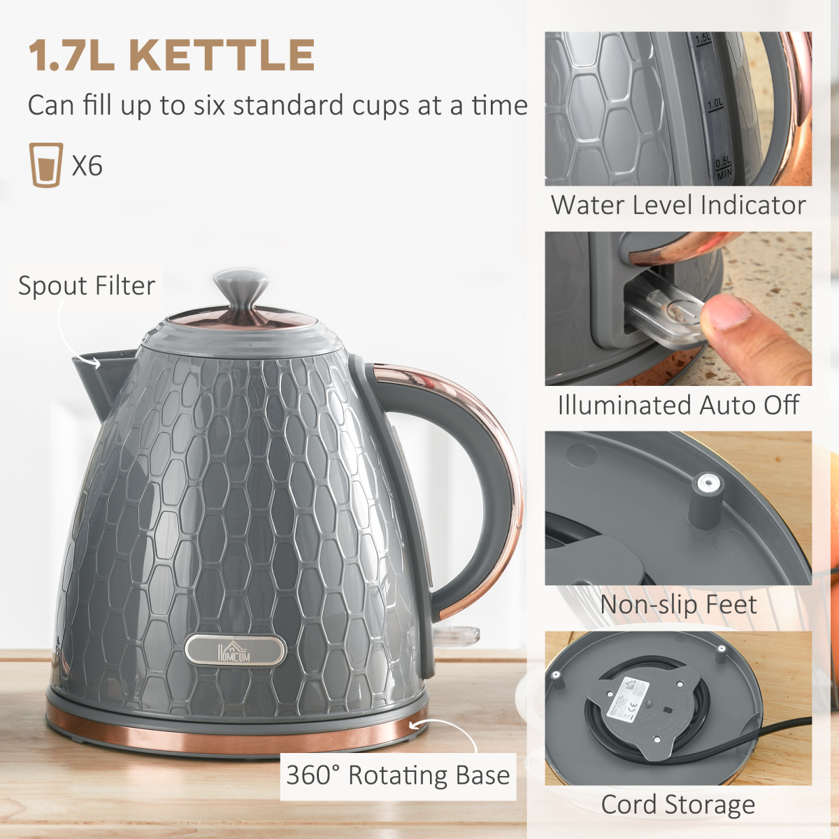 HOMCOM 1.7L Fast Boil Kettle & 4-Slice Toaster Set with Defrost & Reheat Settings – Honeycomb Texture, Grey