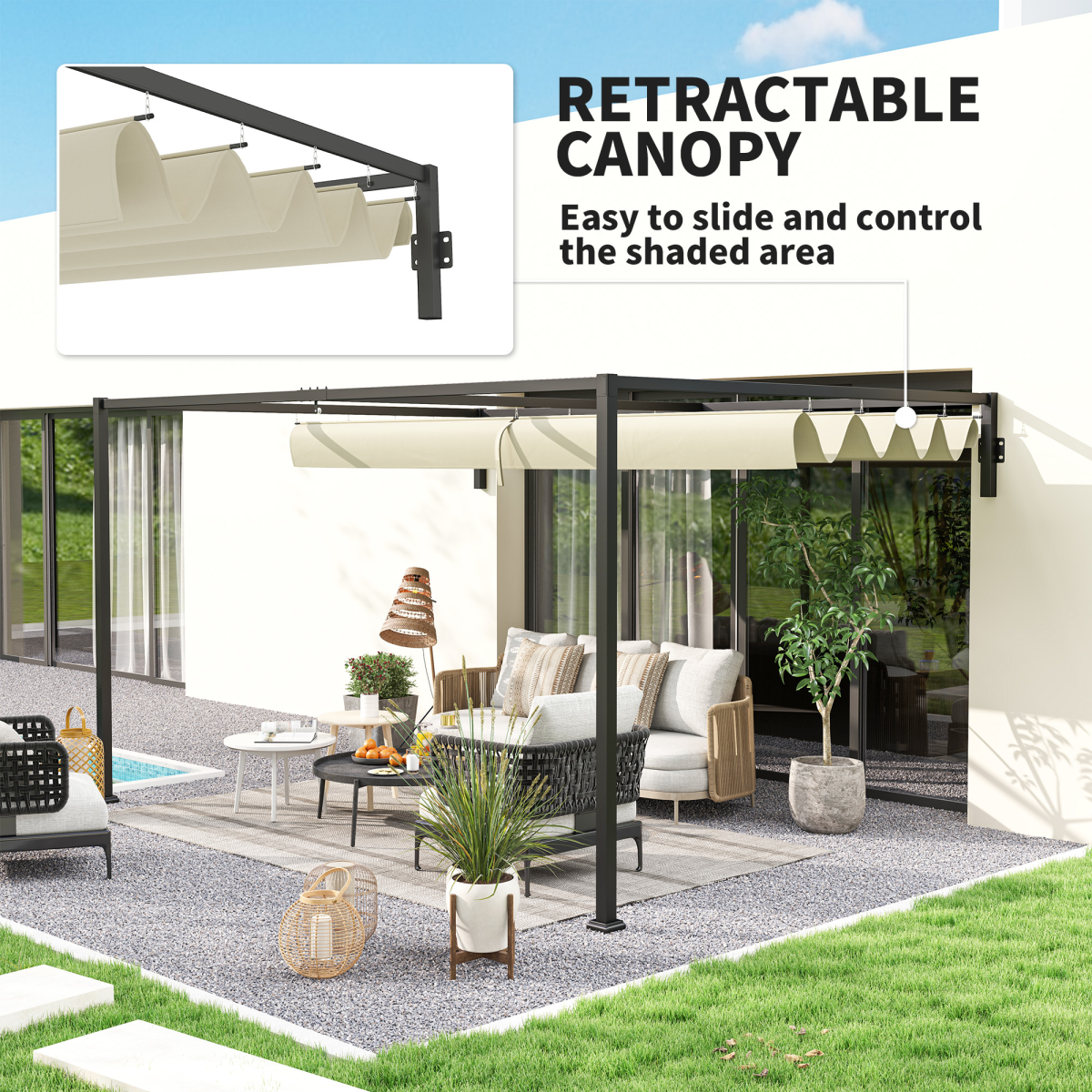 Outsunny 3x4m Wall-Mounted Pergola with Retractable Roof Canopy, UV-Resistant Polyester – Garden Shade, Khaki