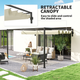 Outsunny 3x4m Wall-Mounted Pergola with Retractable Roof Canopy, UV-Resistant Polyester – Garden Shade, Khaki