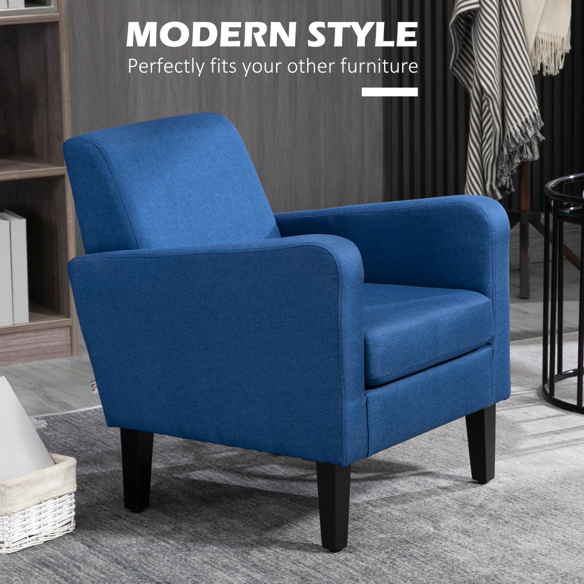 HOMCOM Compact Modern Accent Armchair with Rubber Wood Legs & Linen-Feel Upholstery – Blue