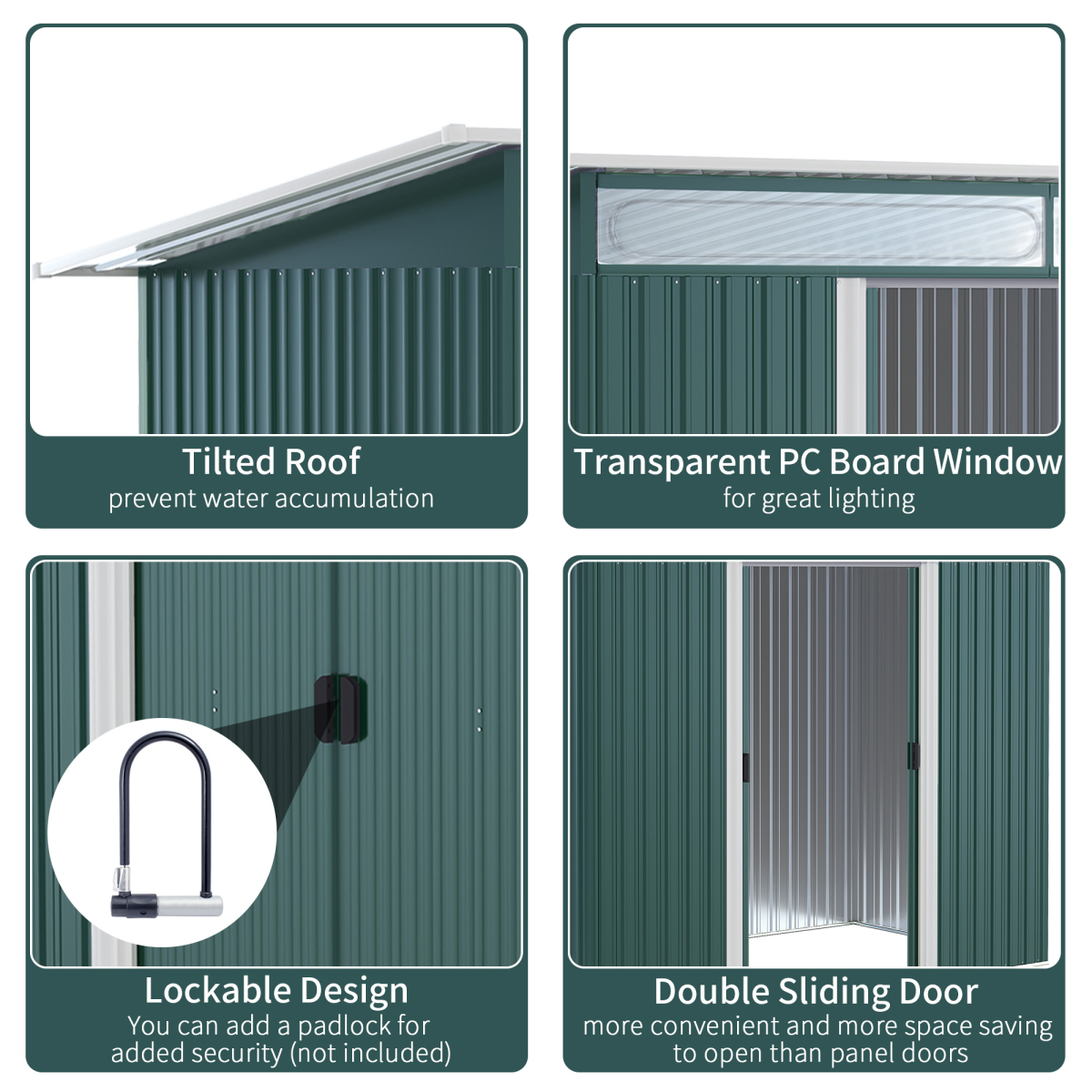 Outsunny Pent Roof Metal Garden Shed with Foundation & Sliding Door, 260 x 133 x 200cm – Green