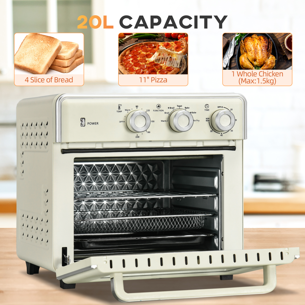 HOMCOM 7-in-1 Toaster Oven with 4-Slice Capacity, 20L, 60-Minute Timer and Air Fry – 1400W