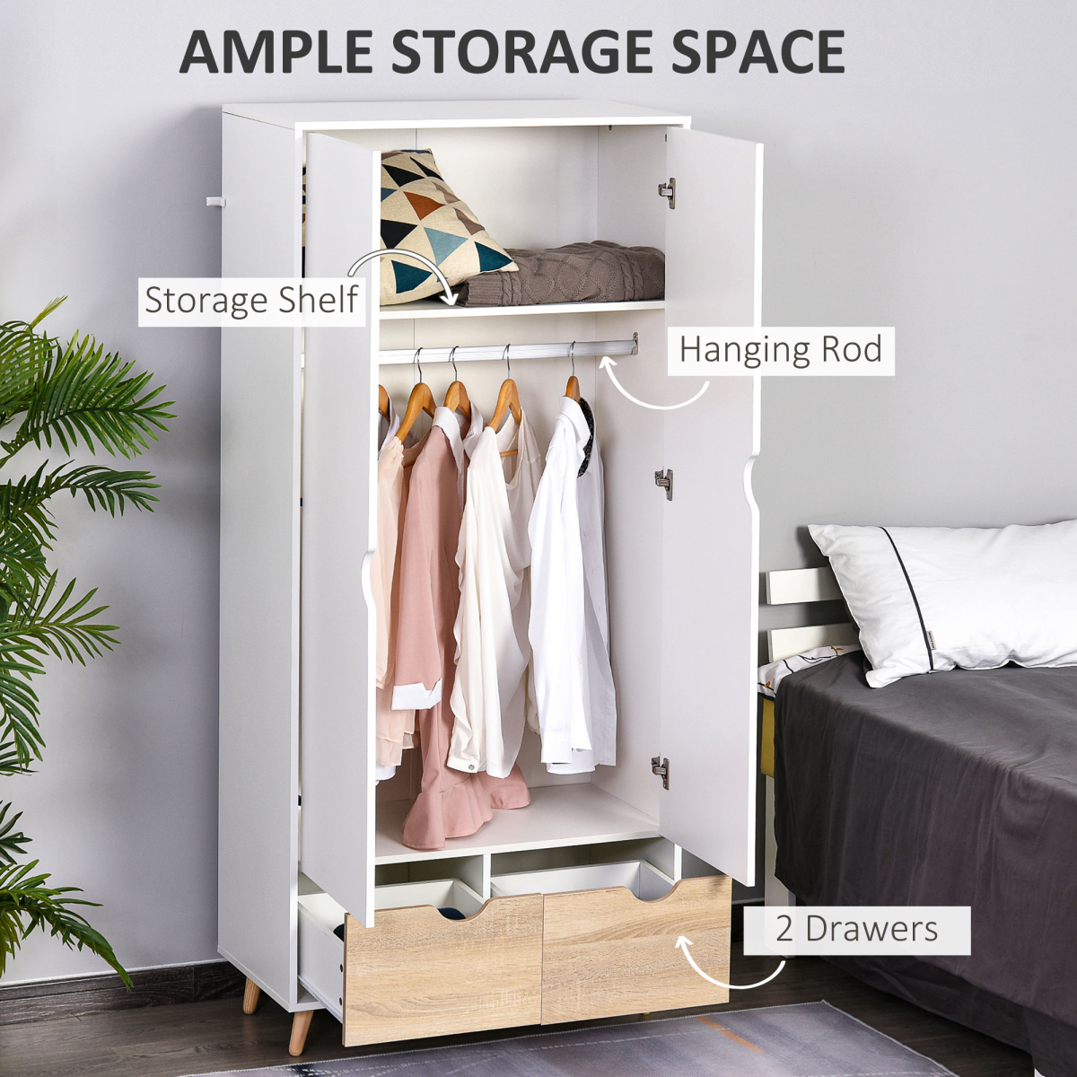 HOMCOM 2-Drawer Wardrobe with Hanging Compartment – Bedroom Clothes Storage, White & Oak