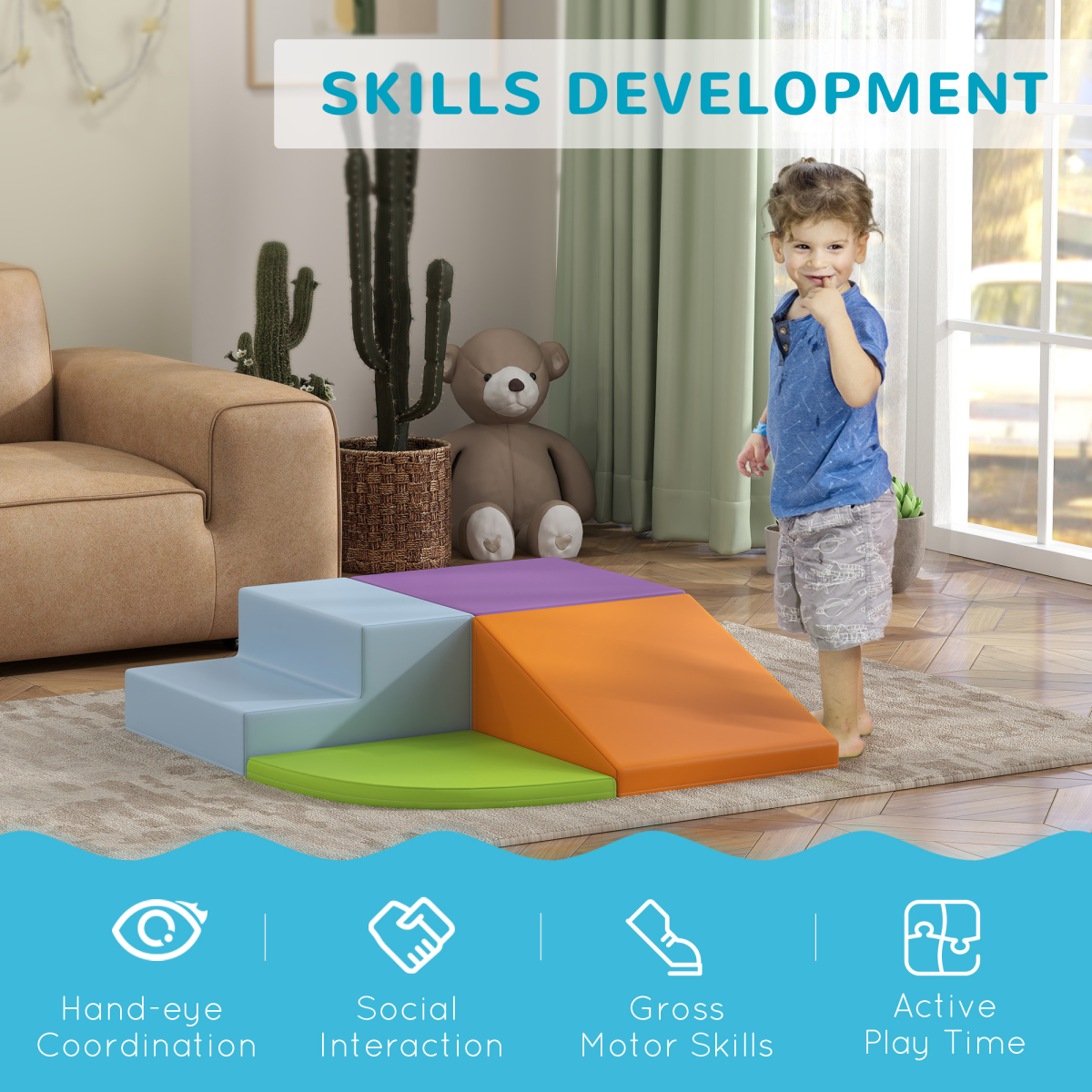 HOMCOM 4 Piece Soft Play Set with Reconfigurable Foam Blocks – Climb, Crawl and Slide Toys for Toddlers