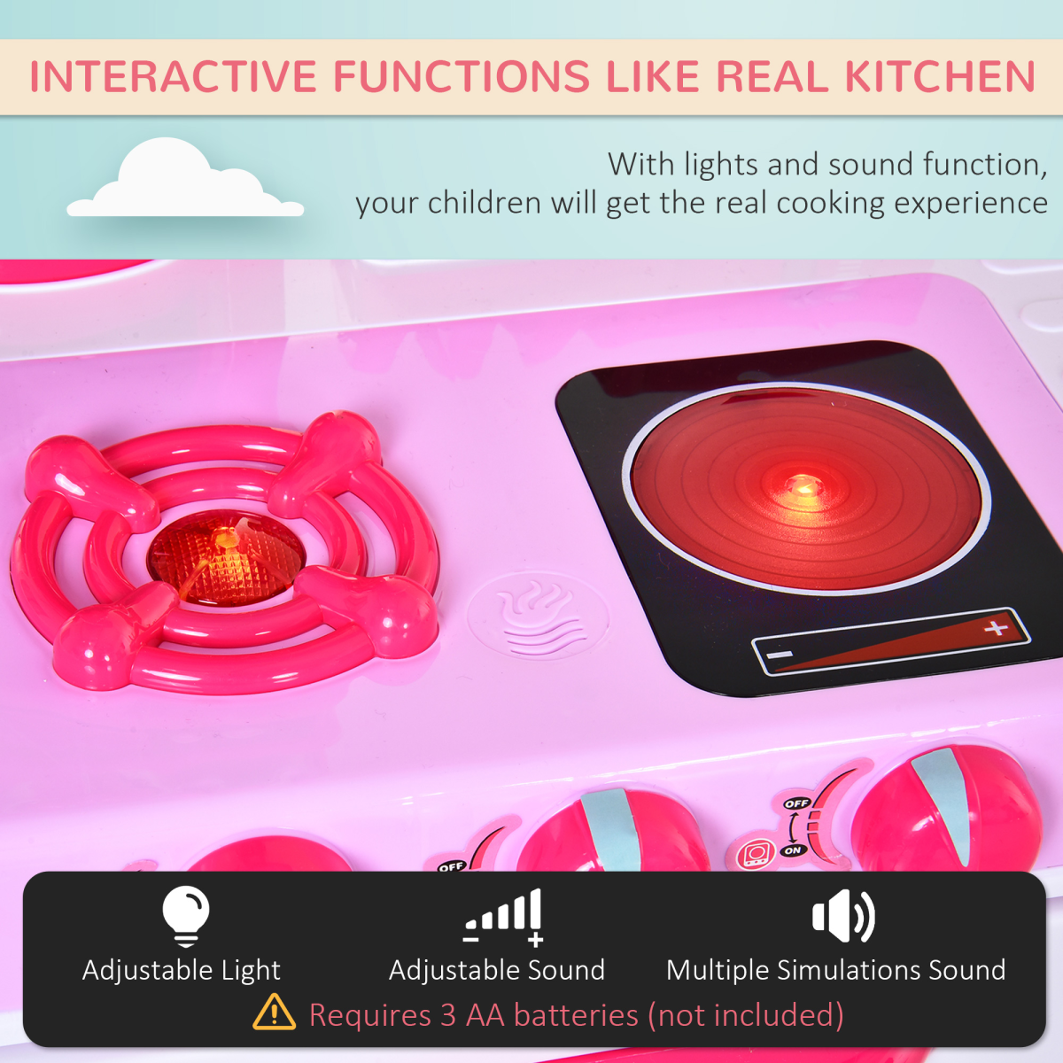 HOMCOM 38-Piece Kids Kitchen Play Set with Oven, Sounds and Lights – Role Play Toy, Pink