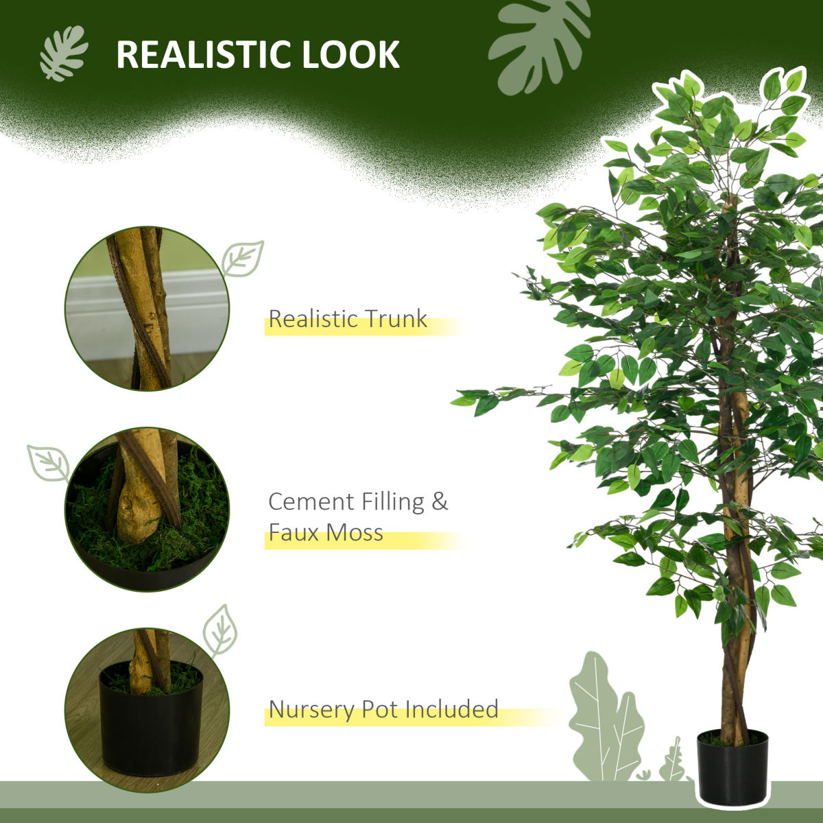 HOMCOM 150cm Artificial Ficus Tree with Nursery Pot – Low-Maintenance Indoor and Outdoor Home Decor