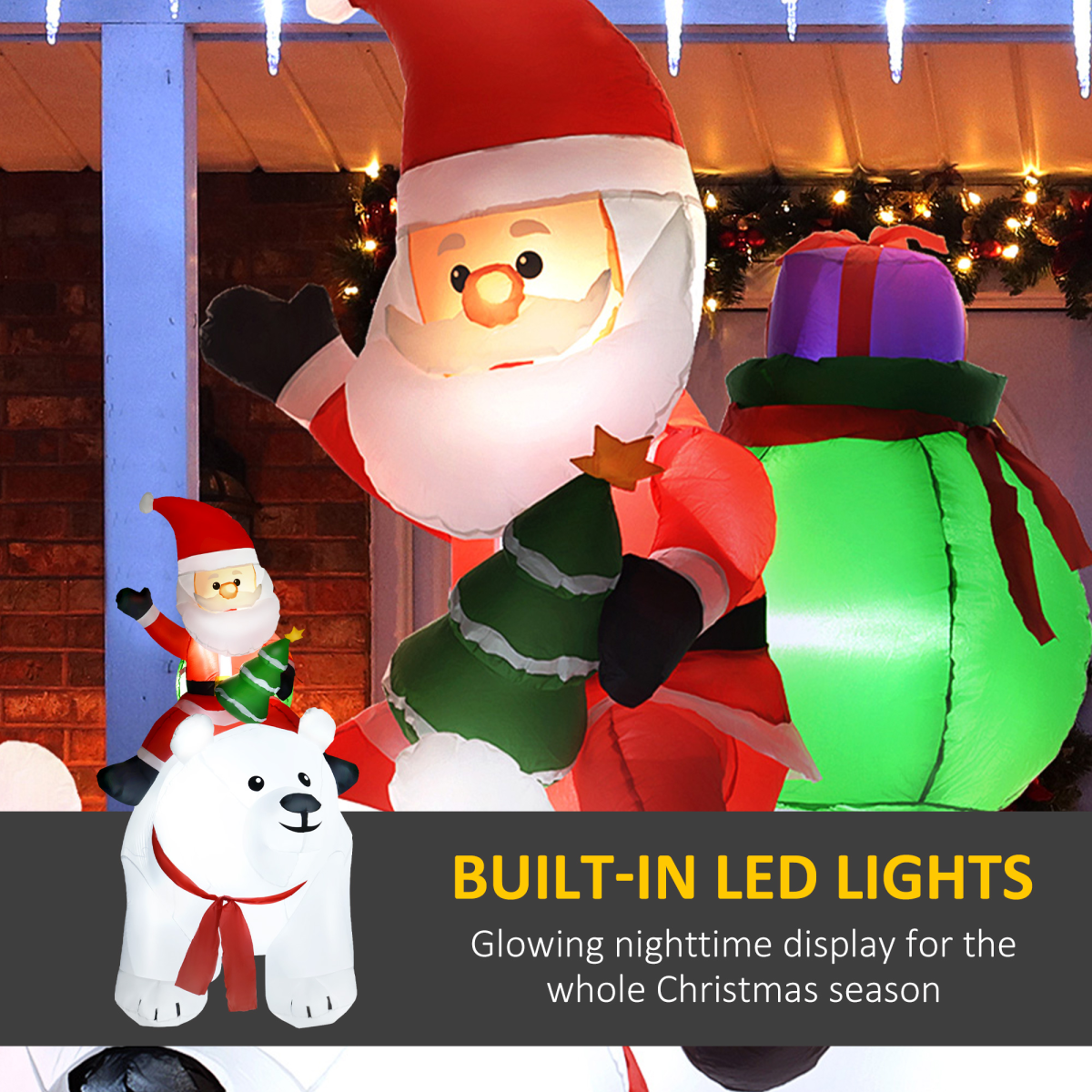 Outsunny 6.6ft Christmas Inflatable Santa Claus on Polar Bear with LED Lights – Outdoor Decoration, White
