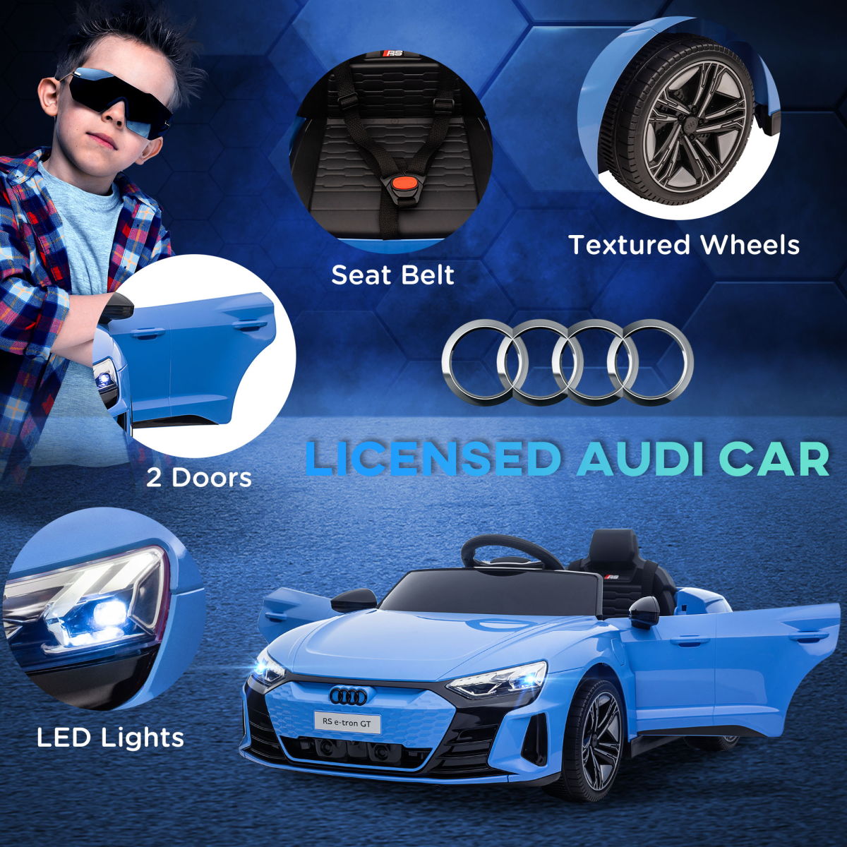 HOMCOM Licensed Audi RS e-tron GT 12V Kids Electric Ride On Car with Remote Control & Music, Blue