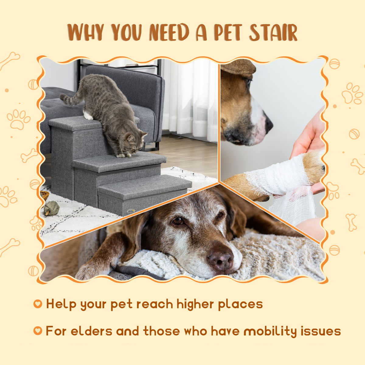 PawHut 3-Step Pet Stairs with Storage Boxes – Dog & Cat Steps for Bed and Sofa, Light Grey