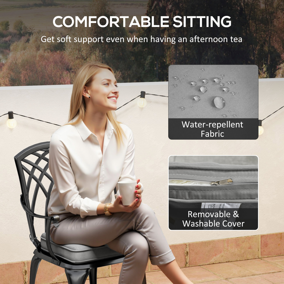 Outsunny 3-Piece Cast Aluminium Bistro Set with Parasol Hole Table & Cushioned Chairs – Garden Patio Furniture, Black