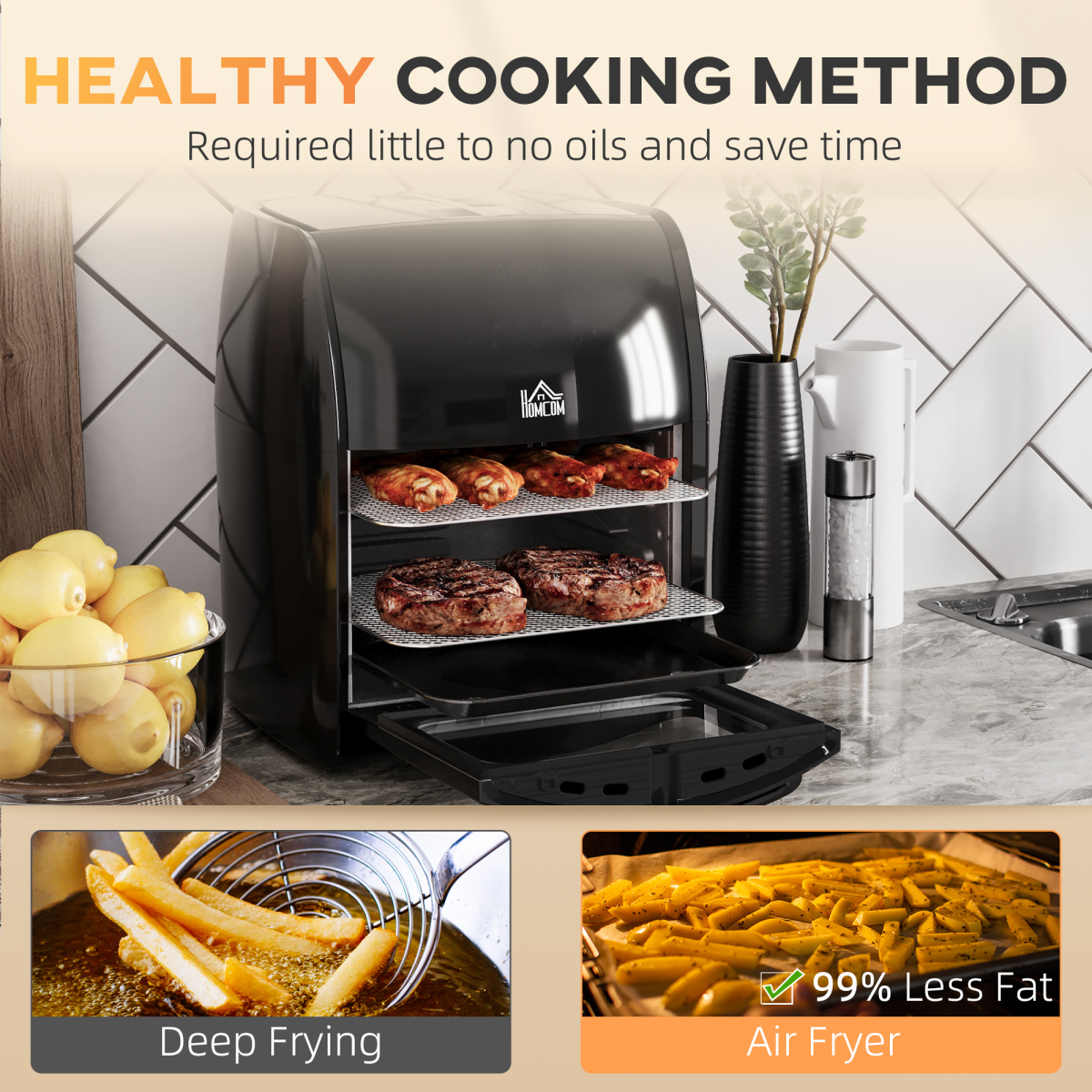 HOMCOM 12L Air Fryer Oven with 8 Presets, 1800W – Rotisserie & Dehydrator, Rapid Air Circulation, Black