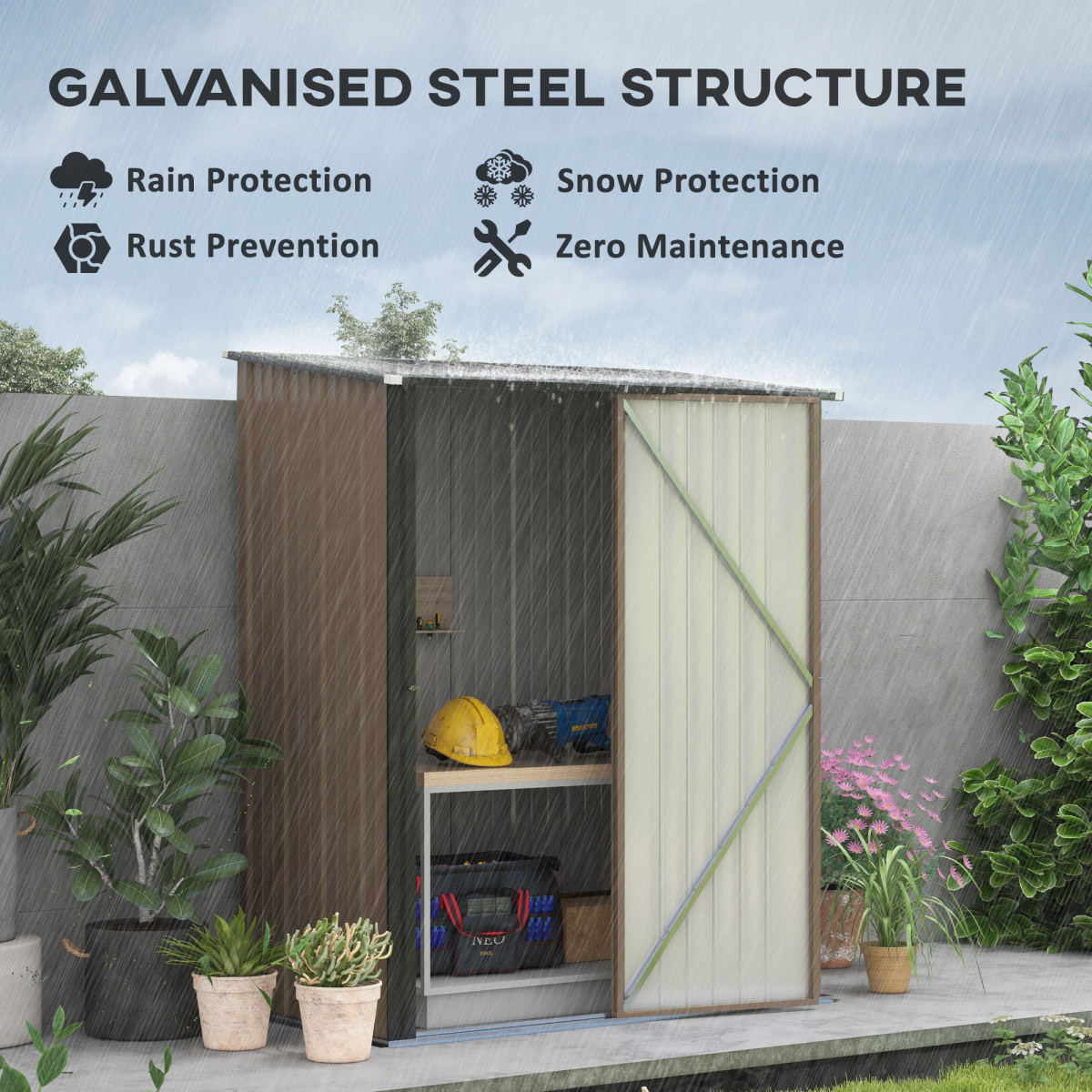 Outsunny Steel Garden Shed with Lockable Door and Sloped Roof – Outdoor Tool Storage, 161.5 x 94.5 x 196 cm