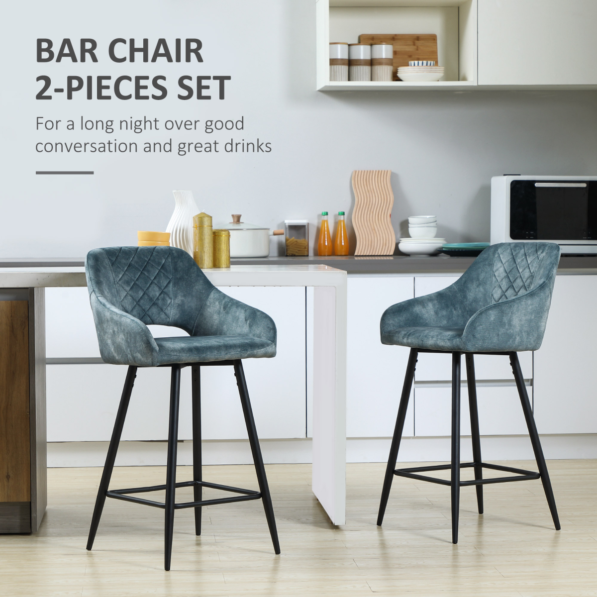 HOMCOM Set of 2 Velvet-Touch Bar Stools with High Backs, Armrests & Footrest – Counter Height Bar Chairs, Blue
