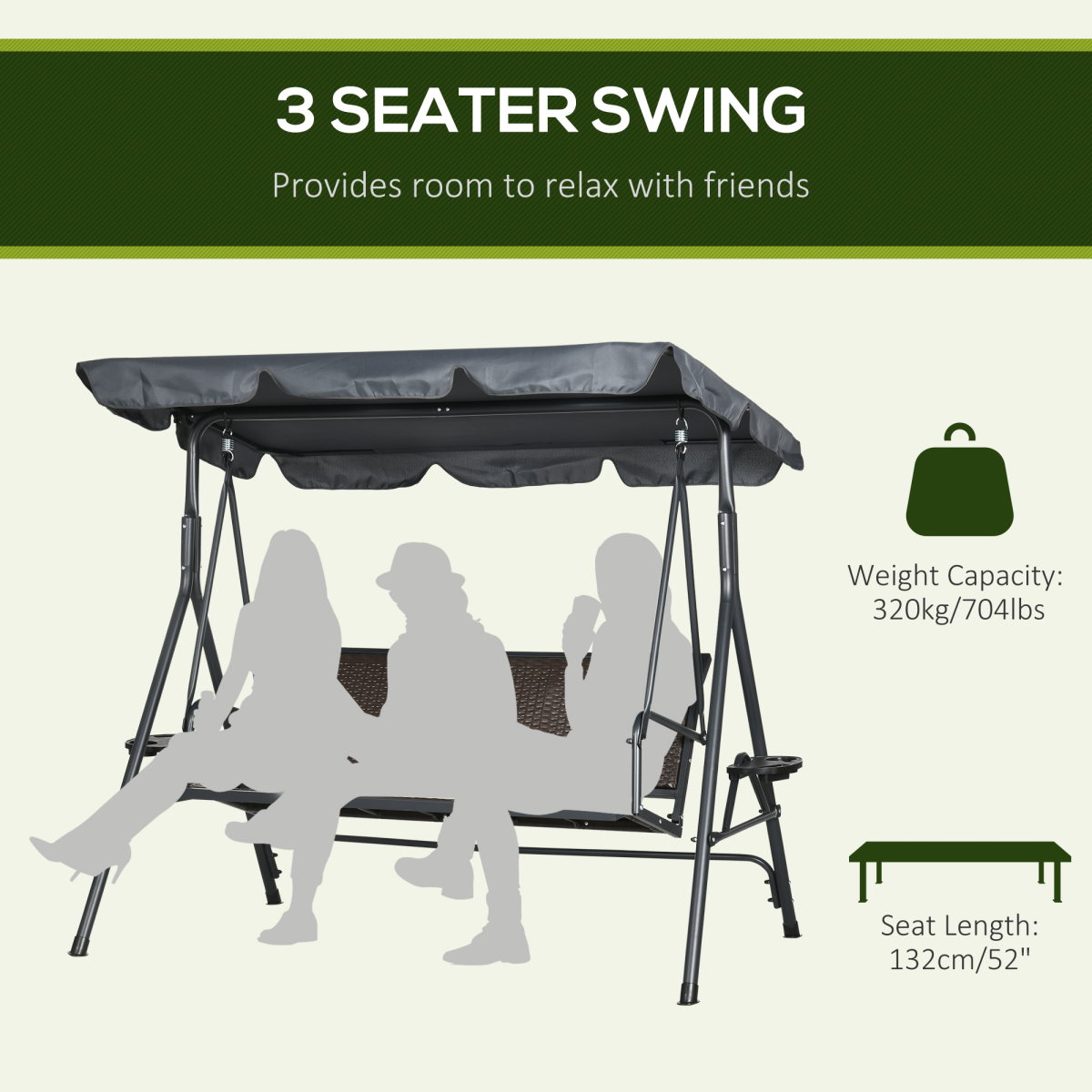Outsunny 3-Seater Garden Swing Bench with 45° Adjustable Canopy & Steel Frame – Rattan Seat Patio Swing
