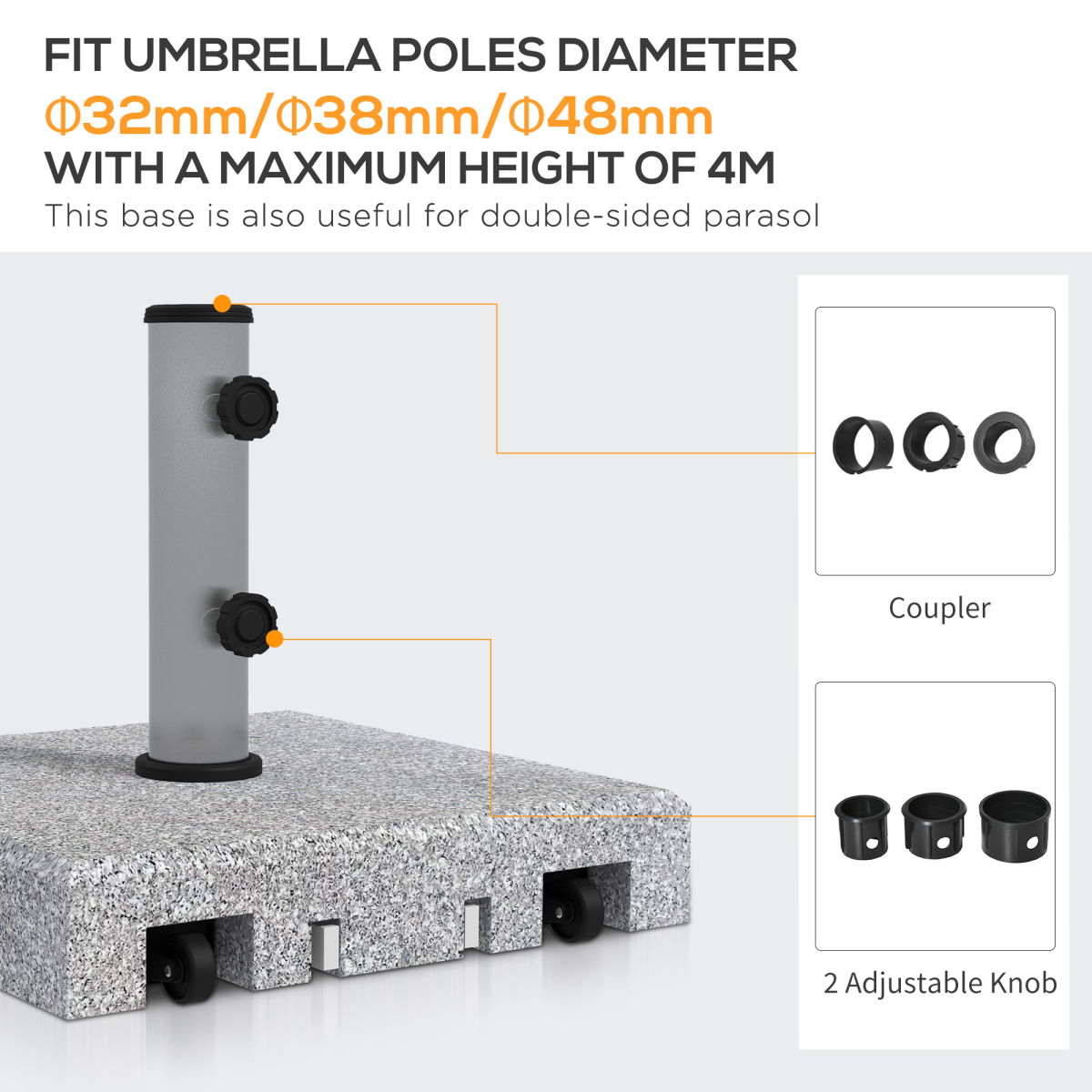 Outsunny 28kg Granite Parasol Base with Wheels and Retractable Handle – Fits 32–48mm Poles, Grey