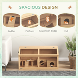 PawHut Wooden Hamster Cage for Gerbils with Suspension Bridge, Ladders, Platform & Hut – Natural Wood