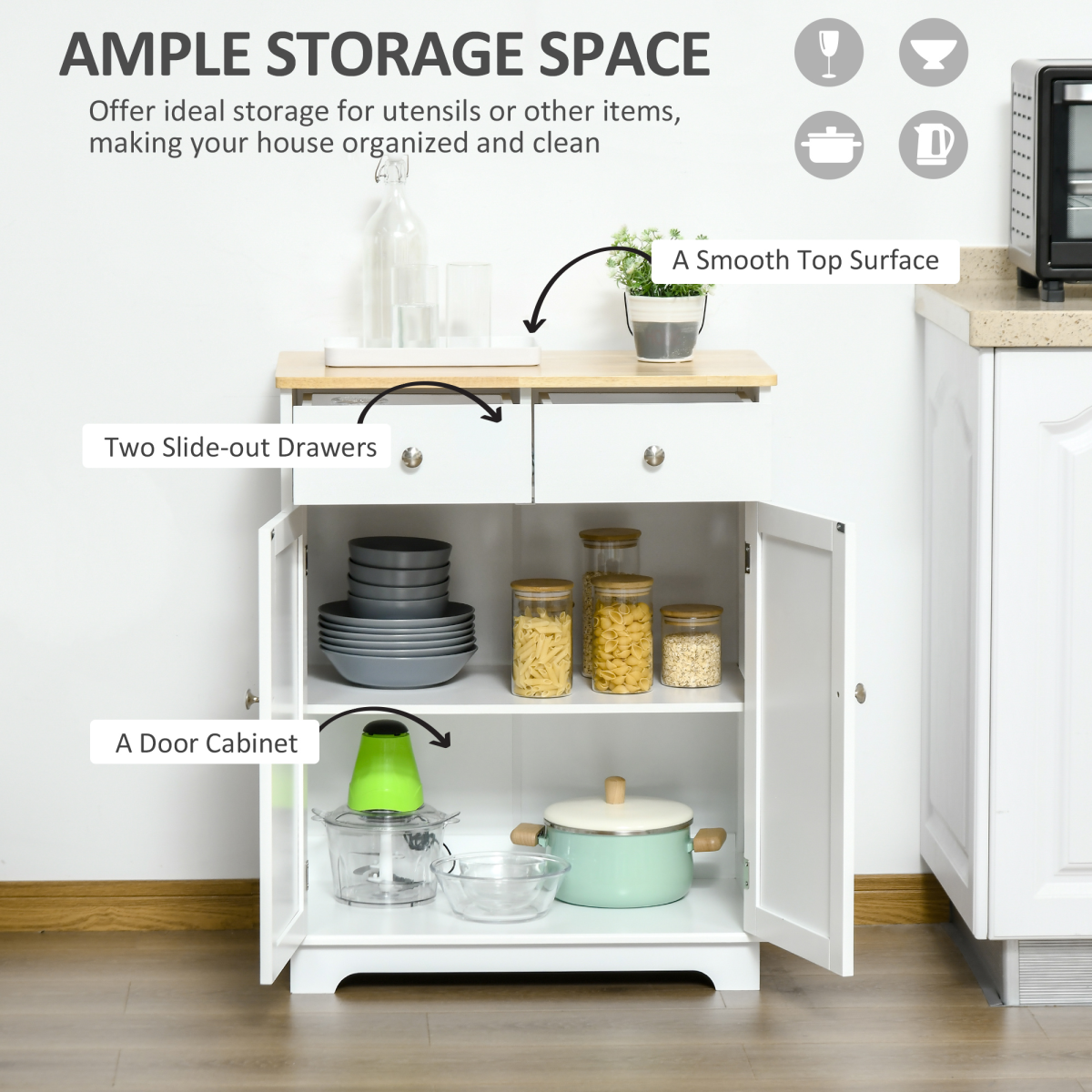 HOMCOM Rubberwood Top Kitchen Island Cupboard with Adjustable Shelf – Kitchen Storage and Side Cabinet