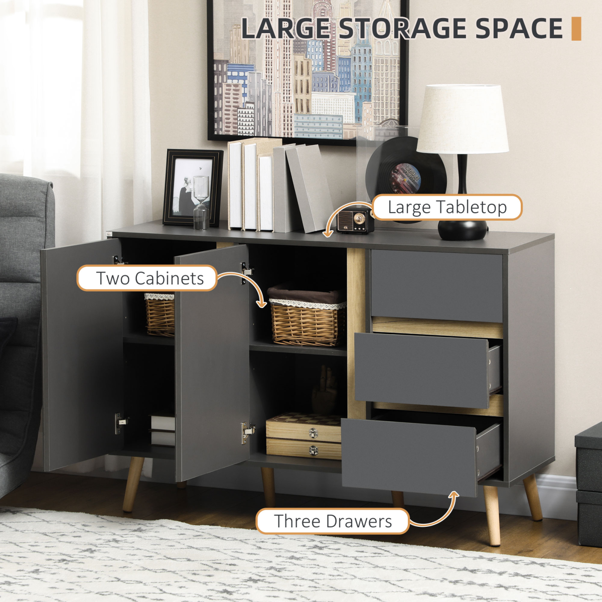 HOMCOM Sideboard Kitchen Cupboard with 3 Drawers, Adjustable Shelves & Double Doors – Dark Grey