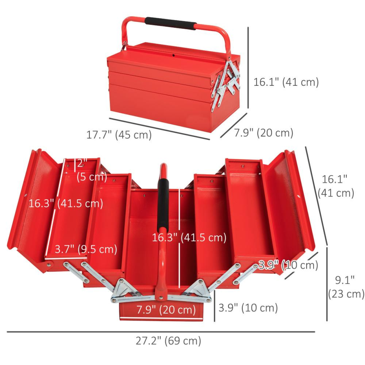 Folding Tool Box with 5 Collapsible Trays – Rust-Resistant Steel Organiser for Home and Workshop, Red