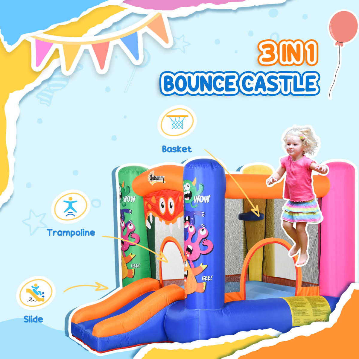 Monster-Themed Bouncy Castle with Slide, Trampoline & Basketball Net – Compact Garden Inflatable with Blower