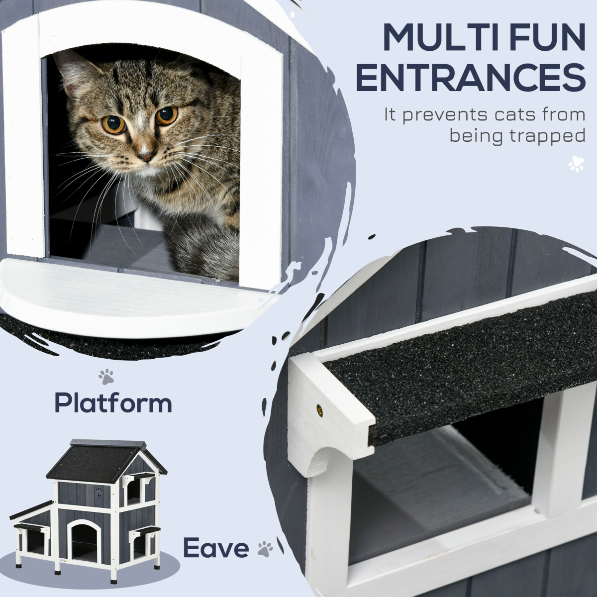 PawHut Wooden Outdoor Cat House with Flower Pot, Windows & Multiple Entrances – 2-Tier Weather-Resistant Shelter