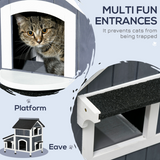 PawHut Wooden Outdoor Cat House with Flower Pot, Windows & Multiple Entrances – 2-Tier Weather-Resistant Shelter
