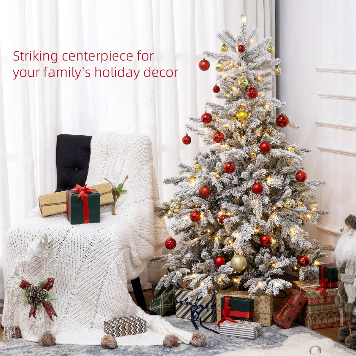 HOMCOM 5ft Artificial Christmas Tree with Realistic Snow Branches and 200 Warm White LED Lights – Auto Open