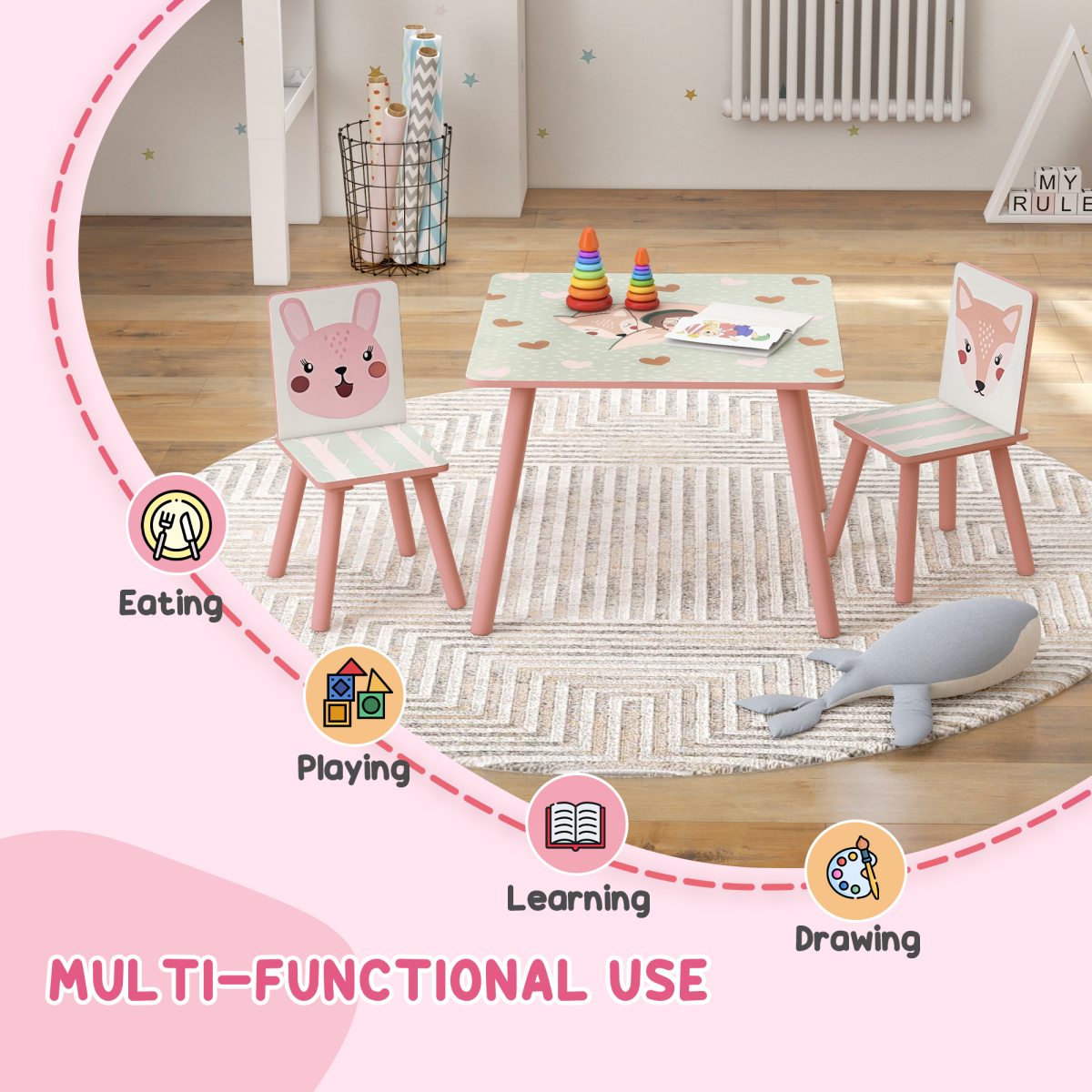 ZONEKIZ Kids Table and 2 Chairs Set with Rounded Edges – Children's Desk for Arts, Crafts & Homework, Pink