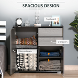 Glossy and Matte Side Cabinet with 2 Doors and 2 Drawers – Push-Open Home Office Storage, Grey and Black