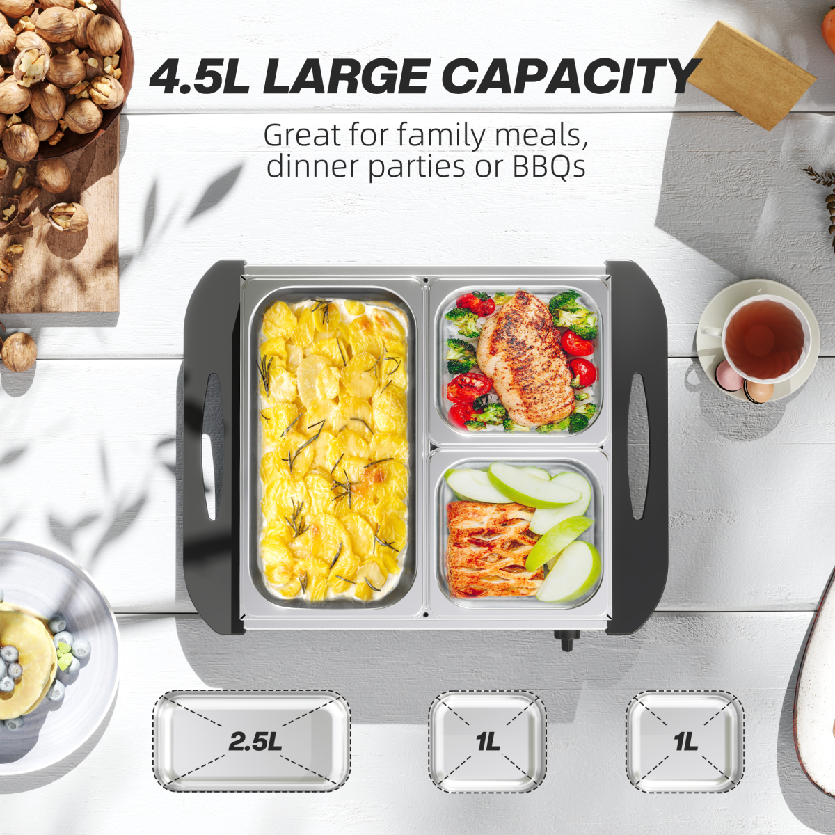 HOMCOM 6L Electric Food Warmer Buffet Server with 3 Lidded Trays & Warming Plate – Party Catering