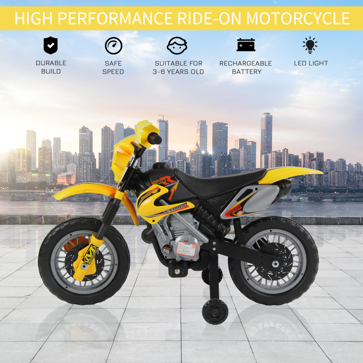 Kids Electric Ride-On Motorbike with Headlights, Music & Horn – Motocross Style Toy Motorcycle for Ages 3-6, Yellow